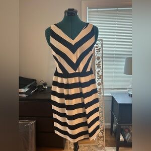 LOFT Black and Cream Striped Midi Dress